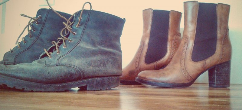 Work boots, two sizes too big, comfortable and worn. Business boots, two sizes too small, slowly being broken in.